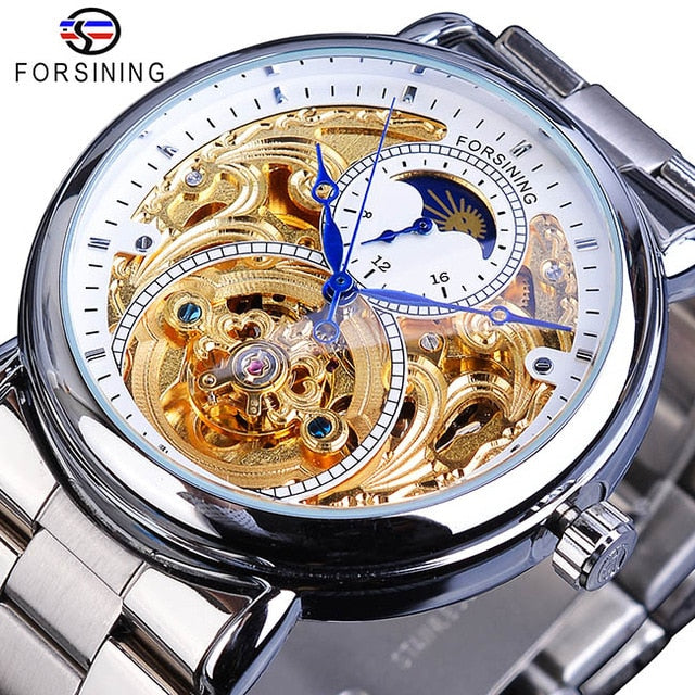 Automatic Mechanical Business  Men's Golden Moon Phase Steel Watch