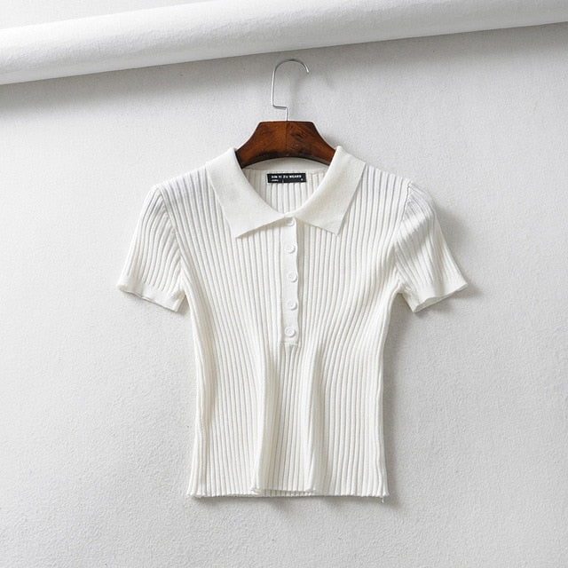 Elegant  Casual Polo Plunge Neck Short Sleeve Knitted Shirt For Women
