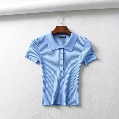 Elegant  Casual Polo Plunge Neck Short Sleeve Knitted Shirt For Women