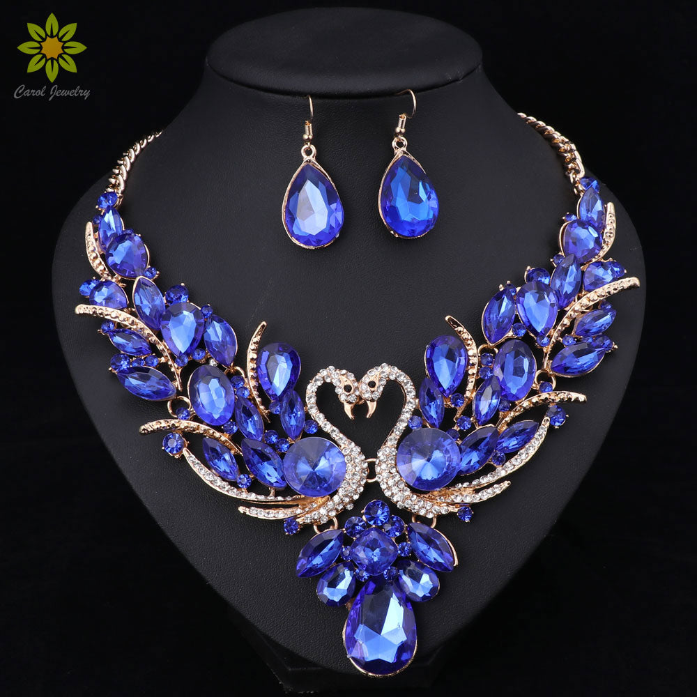 Crystal Bridal Jewelry Sets Gold Color Swan Pendant Necklace Set